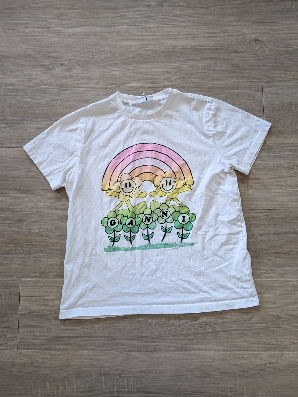 Ganni White Pastel Rainbow & Flower Graphic Tee - Picture 8 of 8